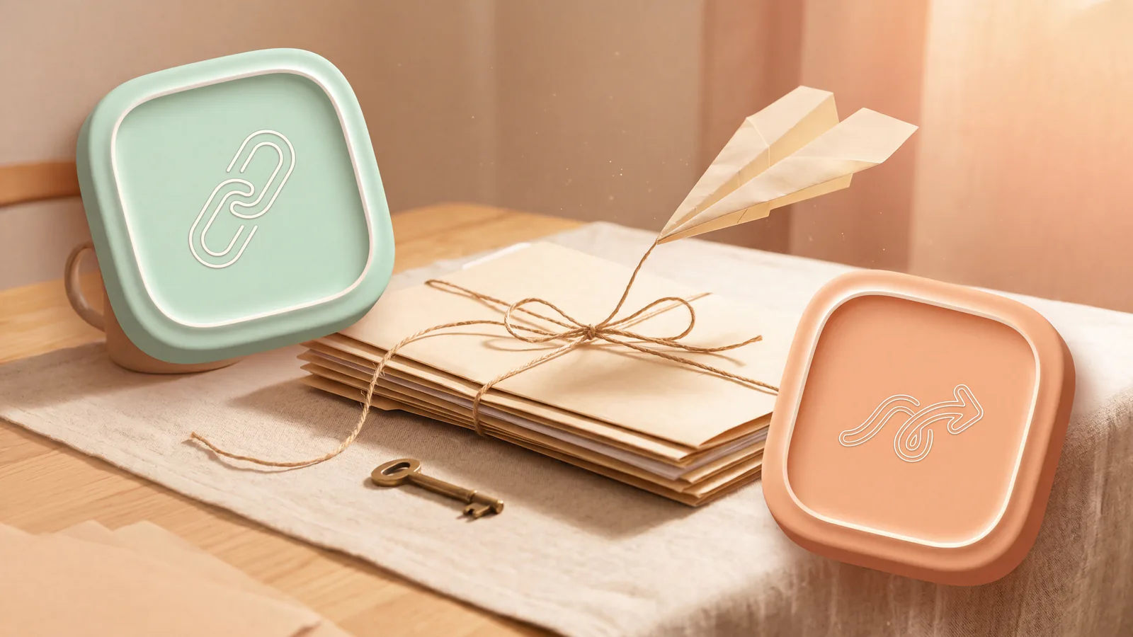 Stapel papieren mappen vastgebonden met natuurlijk touw plus brass sleutel en paper airplane in mid-flight, twee zwevende claymorphic tiles in mint en peach met chain-link en flowing-arrow icoon