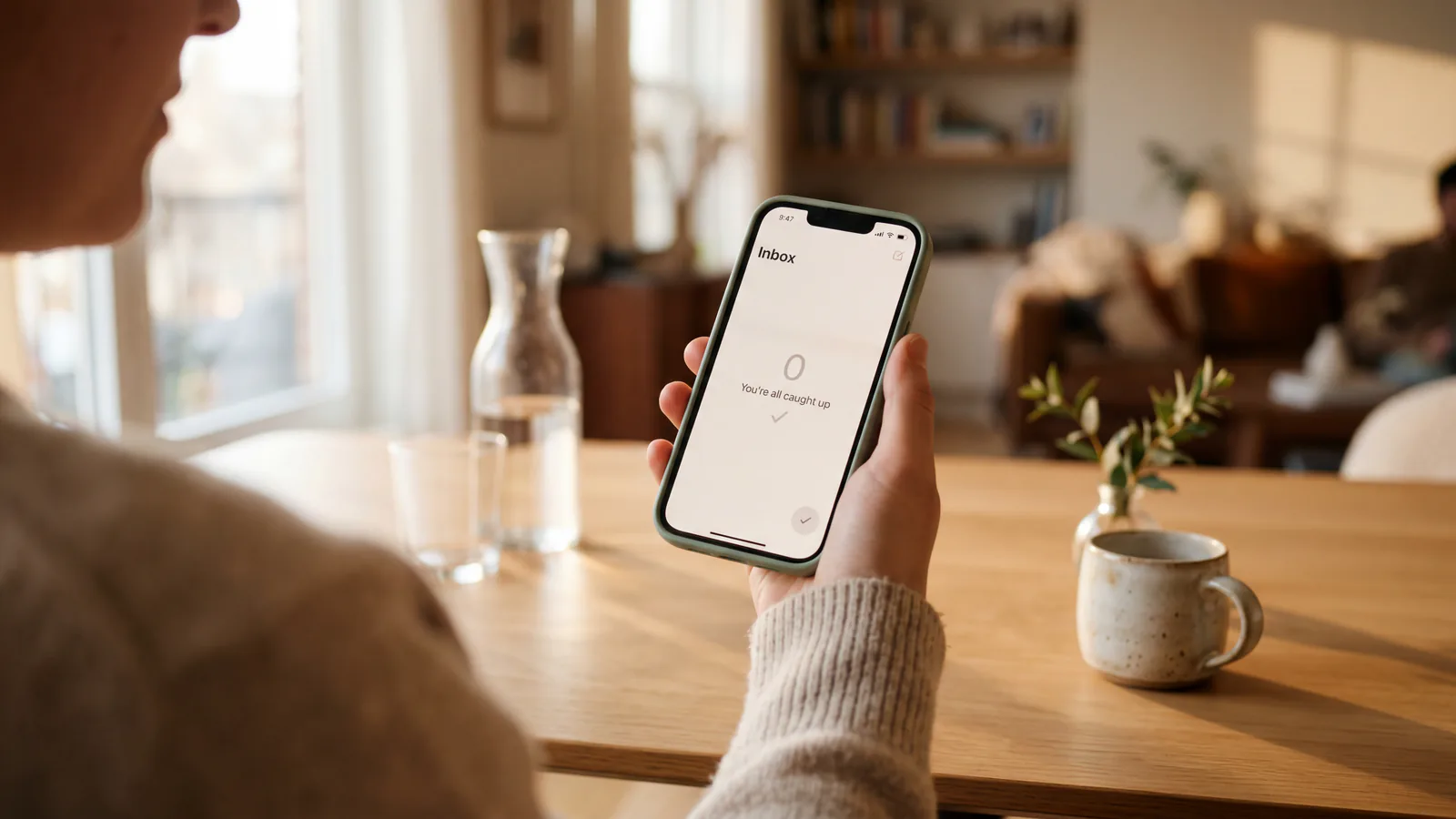 Macro close-up van een phone-scherm met centraal een cream mail-icoon met brand-oranje envelope erin, een brand-oranje notification badge met witte 0, andere app-iconen in butter, mint, blush en lavender soft-out-of-focus eromheen, warm-bruine screen achtergrond en peach glow rechtsboven