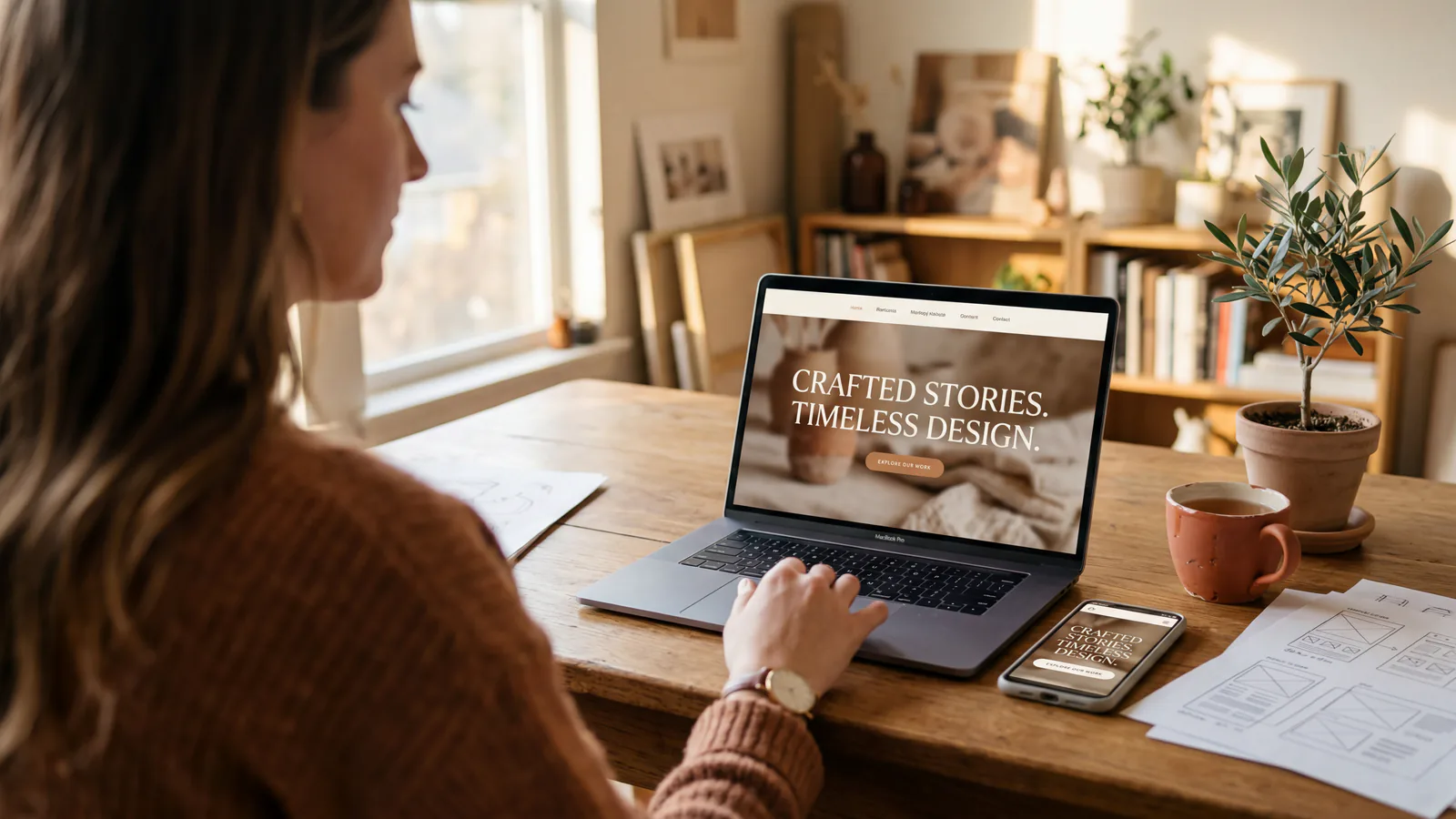 Warm flat-lay met wireframe-sketches, houten lineaal en papier, twee zwevende claymorphic tiles in sky en mint met browser-window en cursor icoon