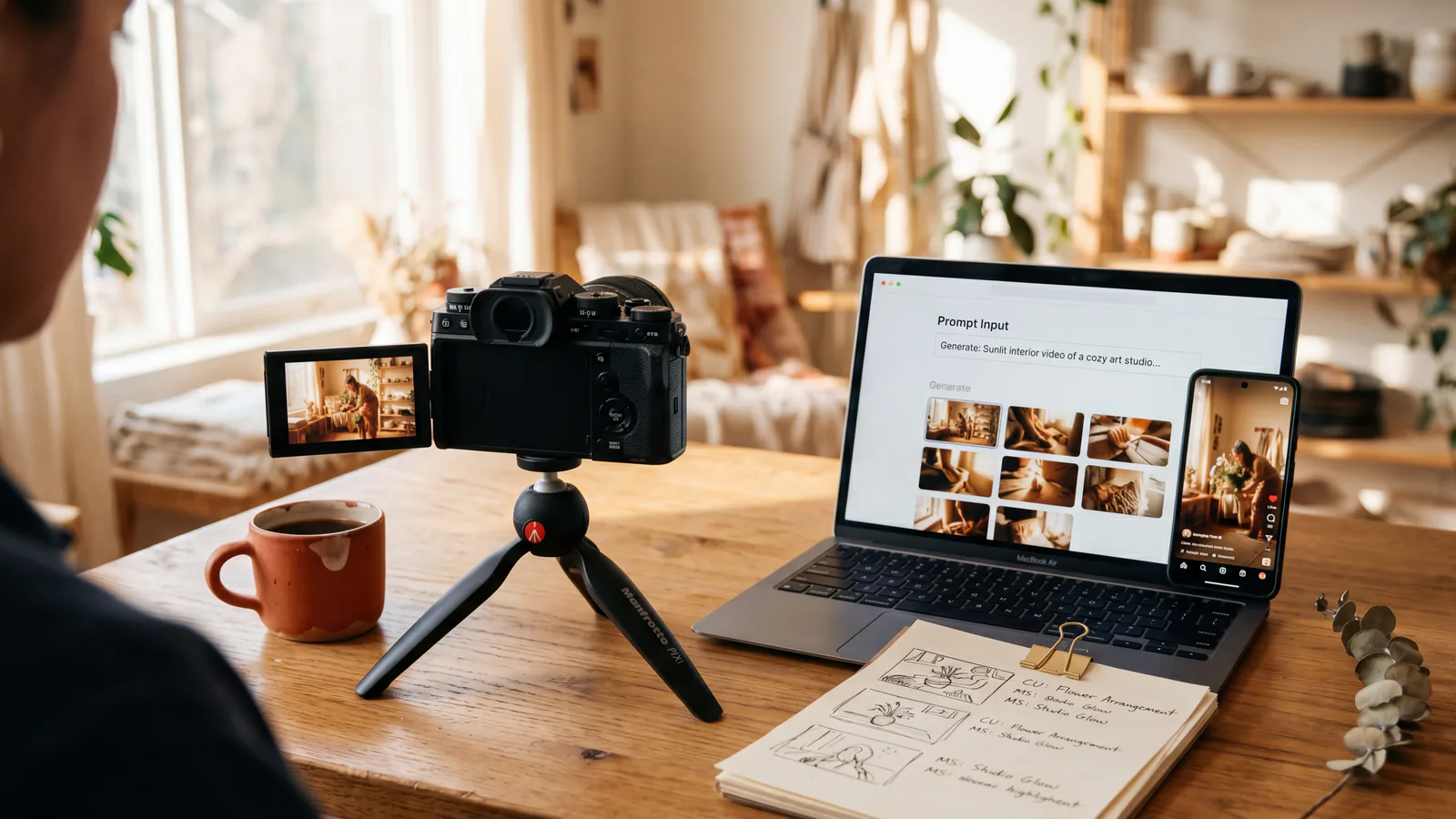 Warm bureautafereel met smartphone die een video afspeelt naast een filmstrip en koffiekopje, twee zwevende claymorphic tiles in peach en mint met play-button en sparkle icoon
